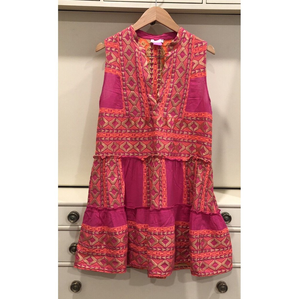 Lace The Label Embroidered Tiered Mini Dress Orange Pink Size Medium $330